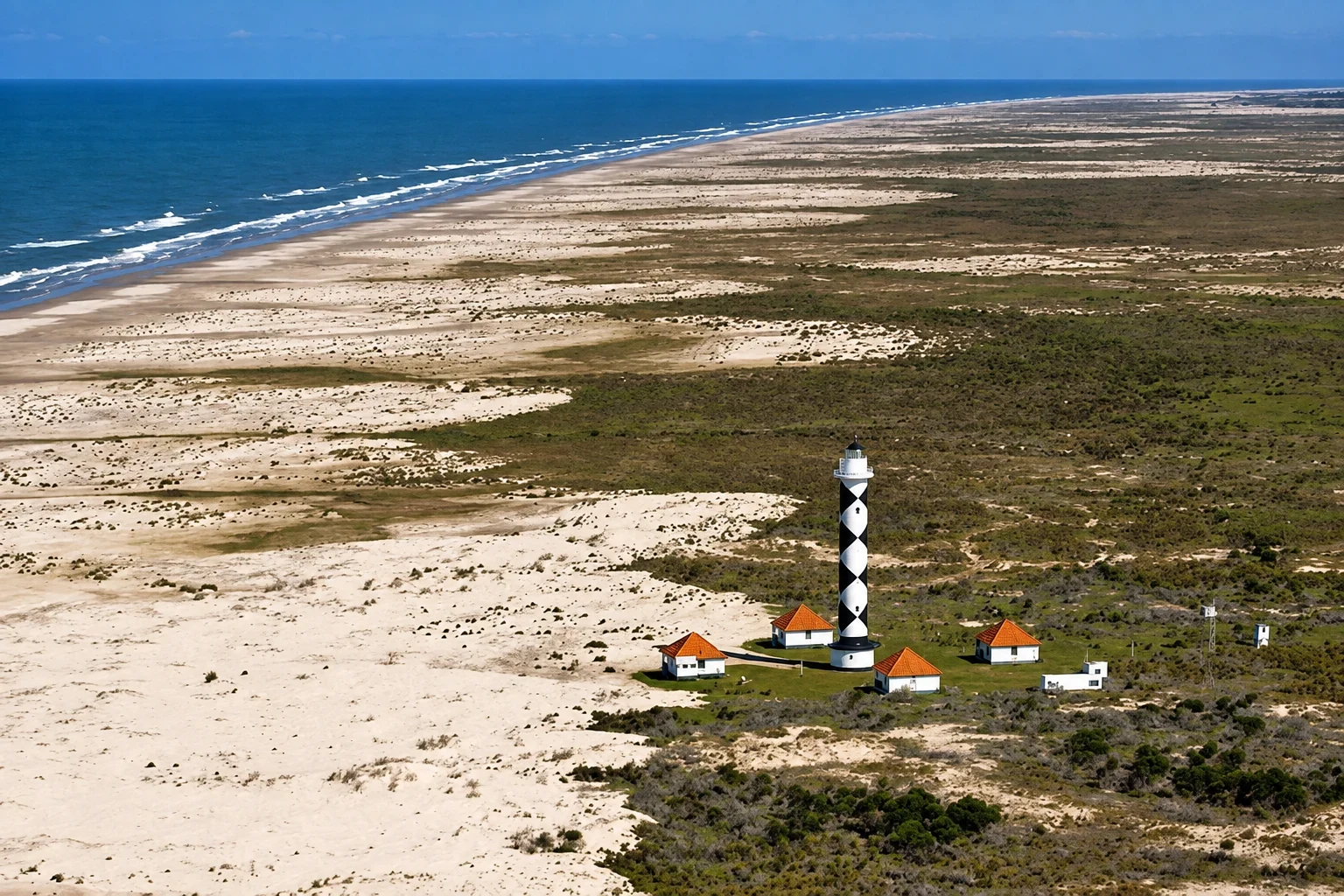 Farol preto e branco e casinhas entre dunas e o mar do litoral gaúcho
