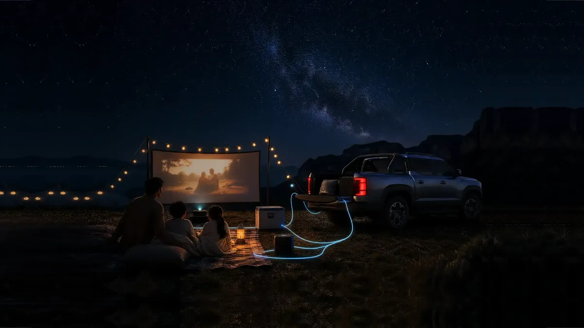 Família assistindo a um filme no acampamento, com os equipamentos ligados na BYD Shark (VTOL)
