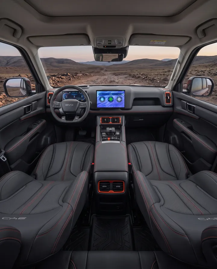 Interior da BYD Shark visto de trás: volante, tela central e a trilha de terra pelo para-brisa